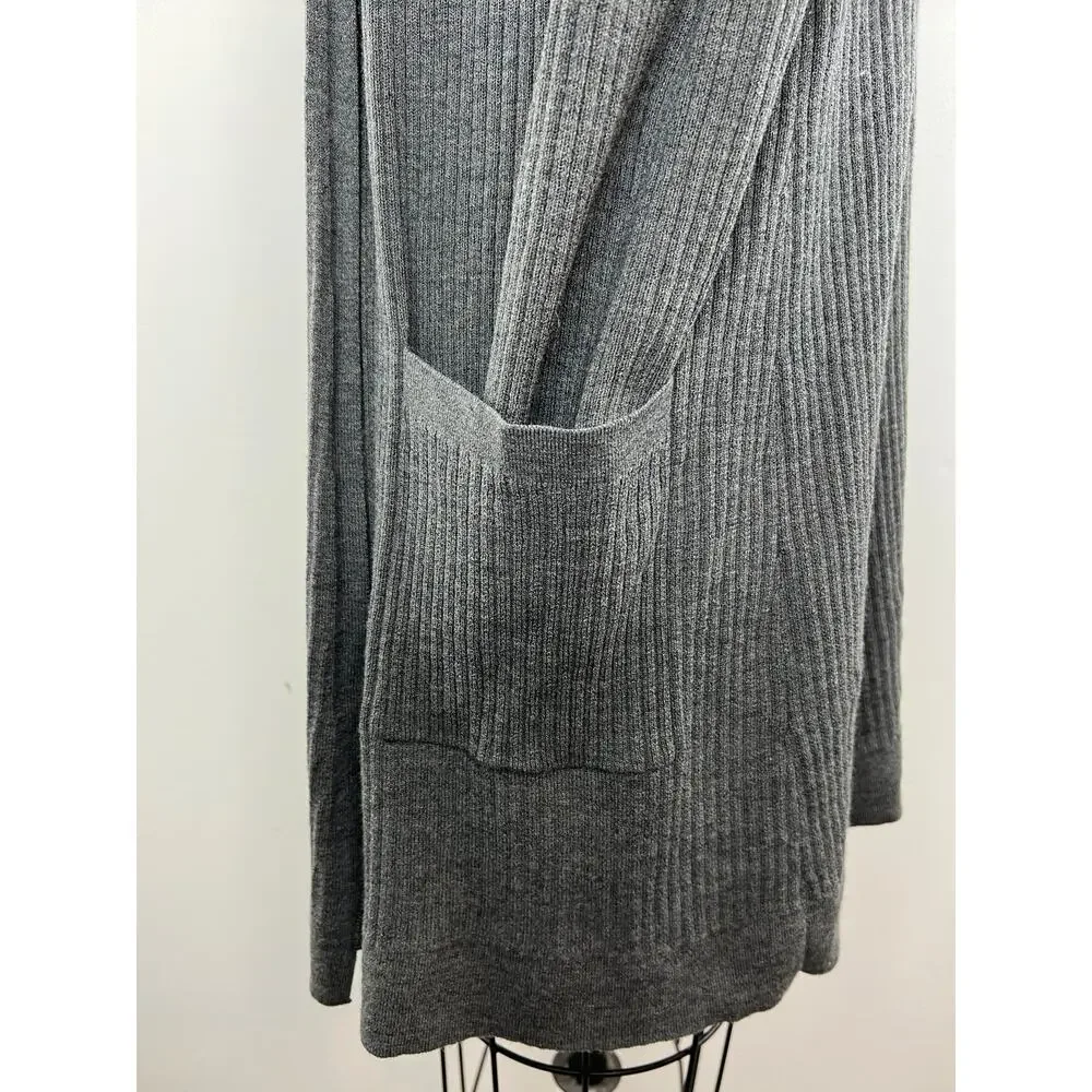 Eileen Fisher Gray Long Sleeve Ribbed Knit Open Front Womens Wool Cardigan Sz M